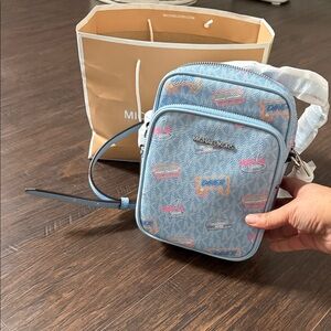 Michael Kors Light Blue Crossbody with Pink and Orange Accents